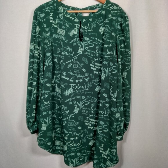 Melissa McCartney Seven Shirt Blouse Plus Size 2X Green Graffiti Long Sleeve Top - Picture 2 of 16